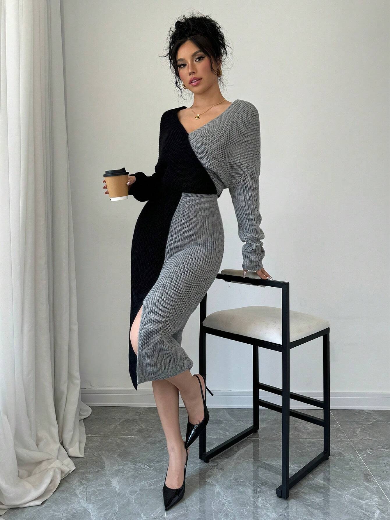 SHEIN Joy Knit Fashionable Spring Knitted Sweater Dress - Deep V-Neck Color Block Batwing Sleeve Long Sleeve Knitted Sweater Dress