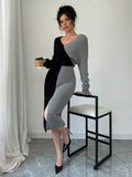 SHEIN Joy Knit Fashionable Spring Knitted Sweater Dress - Deep V-Neck Color Block Batwing Sleeve Long Sleeve Knitted Sweater Dress
