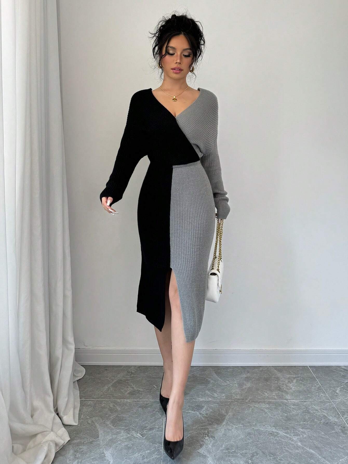 SHEIN Joy Knit Fashionable Spring Knitted Sweater Dress - Deep V-Neck Color Block Batwing Sleeve Long Sleeve Knitted Sweater Dress