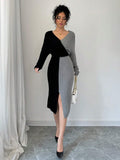 SHEIN Joy Knit Fashionable Spring Knitted Sweater Dress - Deep V-Neck Color Block Batwing Sleeve Long Sleeve Knitted Sweater Dress