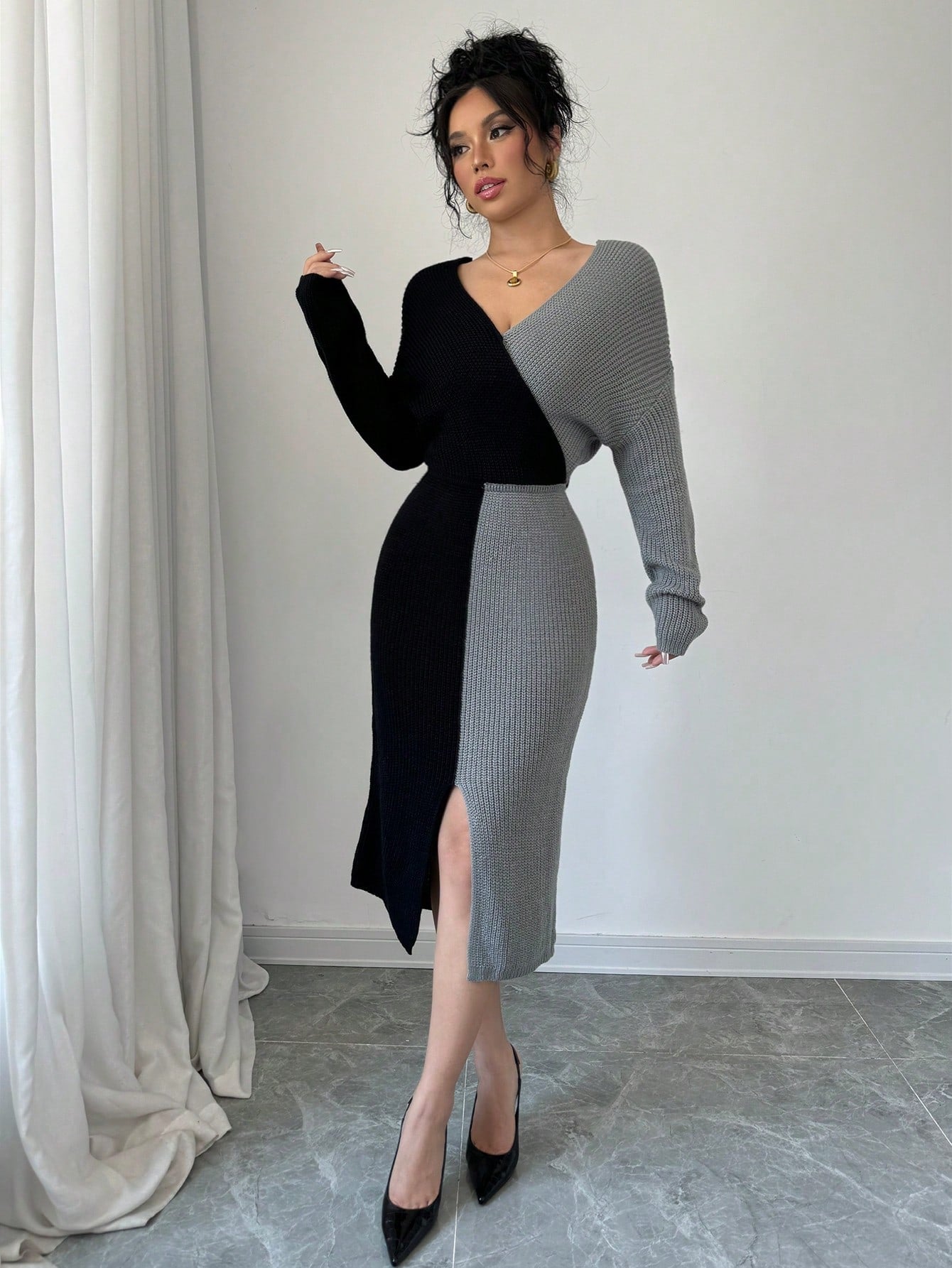 SHEIN Joy Knit Fashionable Spring Knitted Sweater Dress - Deep V-Neck Color Block Batwing Sleeve Long Sleeve Knitted Sweater Dress