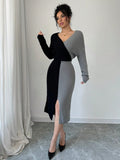 SHEIN Joy Knit Fashionable Spring Knitted Sweater Dress - Deep V-Neck Color Block Batwing Sleeve Long Sleeve Knitted Sweater Dress