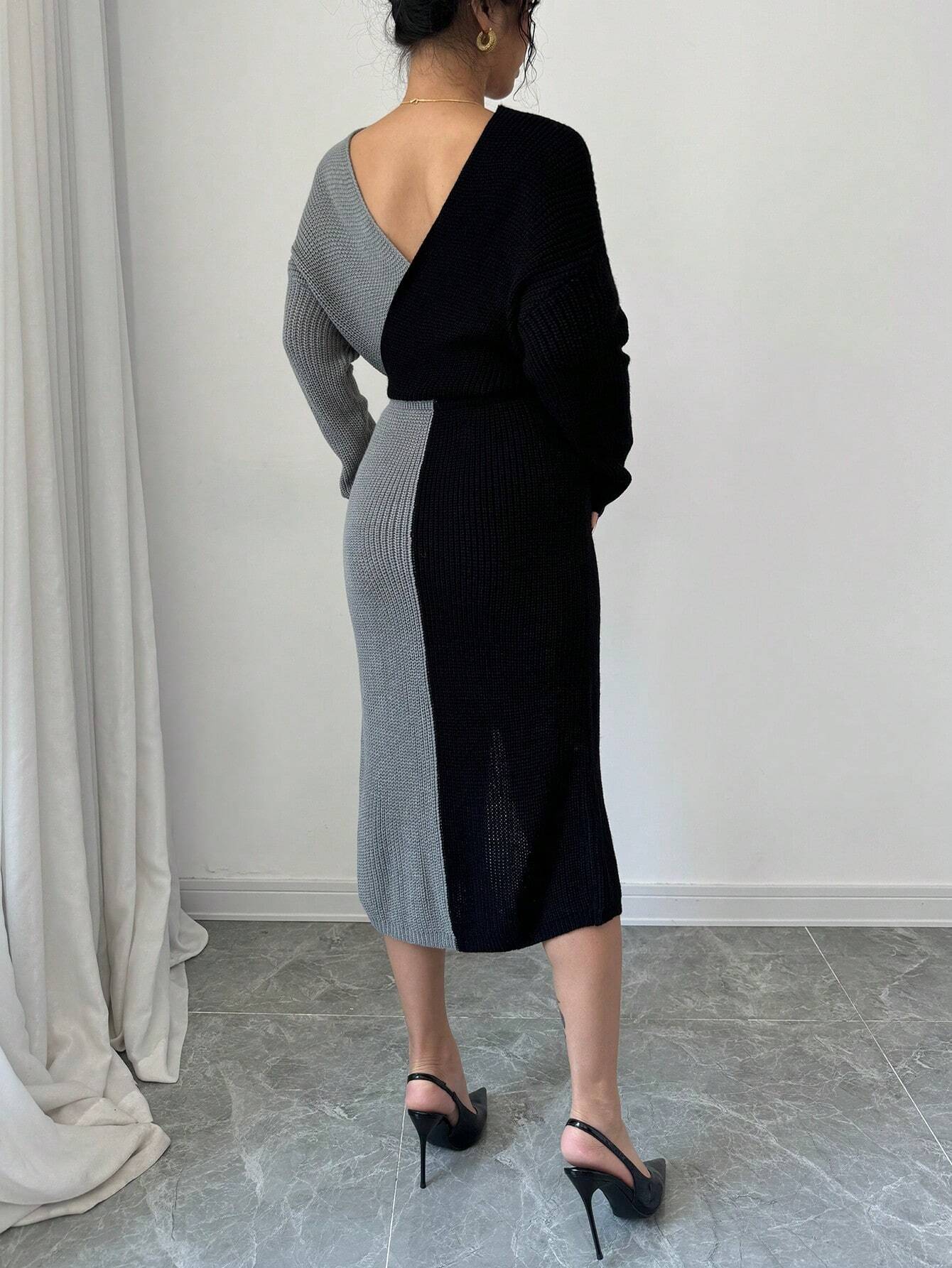 SHEIN Joy Knit Fashionable Spring Knitted Sweater Dress - Deep V-Neck Color Block Batwing Sleeve Long Sleeve Knitted Sweater Dress