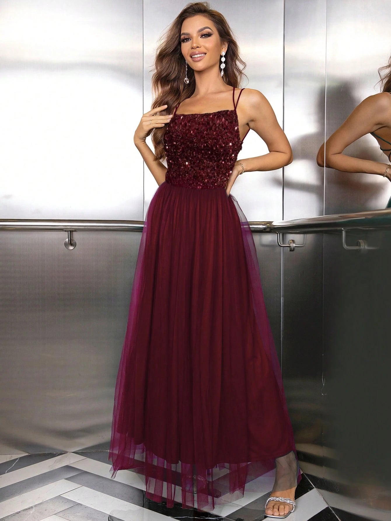 SHEIN Joyfunear Contrast Sequin Mesh Overlay Cami Party Dress Prom Dresses For Women