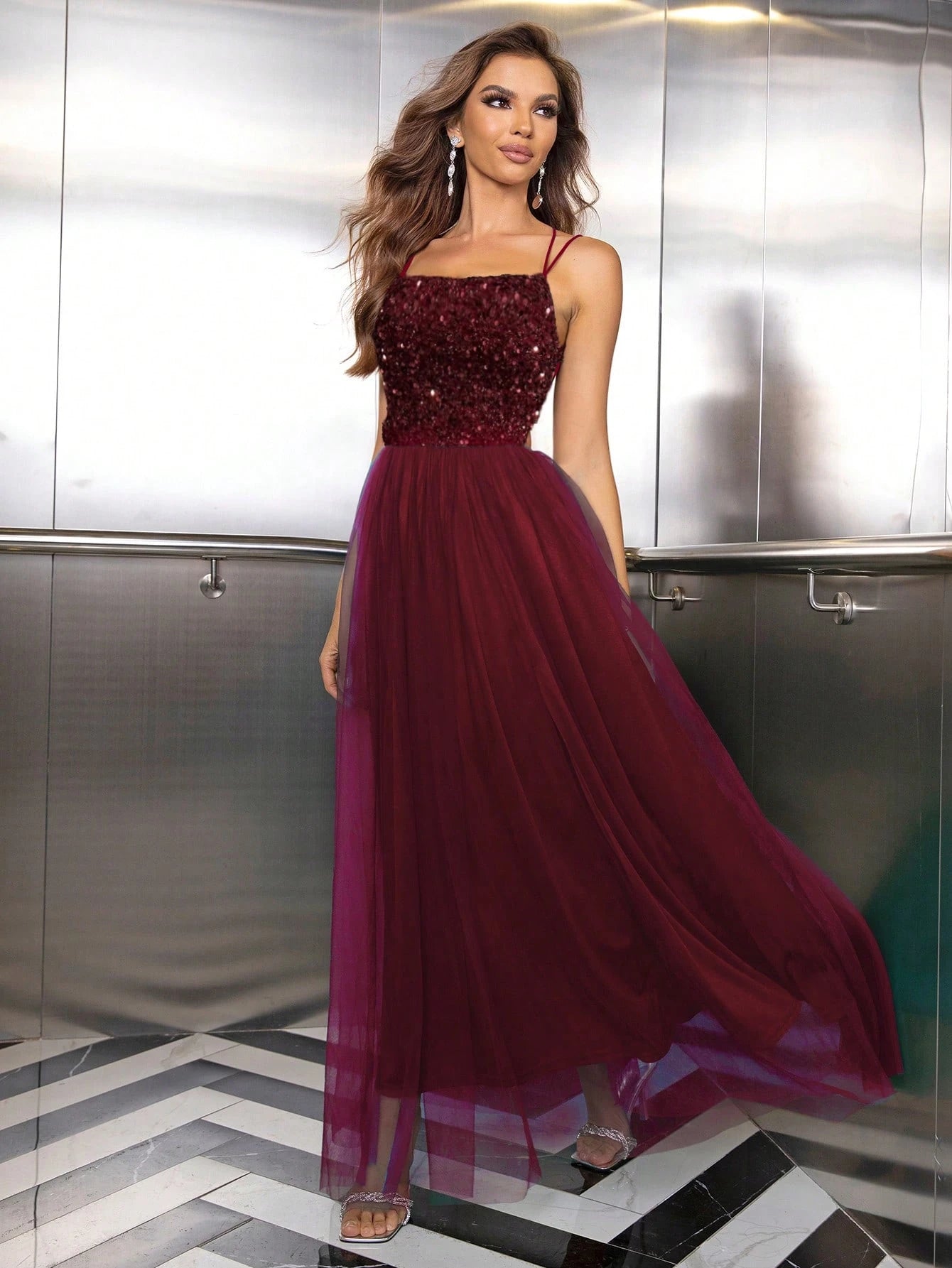 SHEIN Joyfunear Contrast Sequin Mesh Overlay Cami Party Dress Prom Dresses For Women