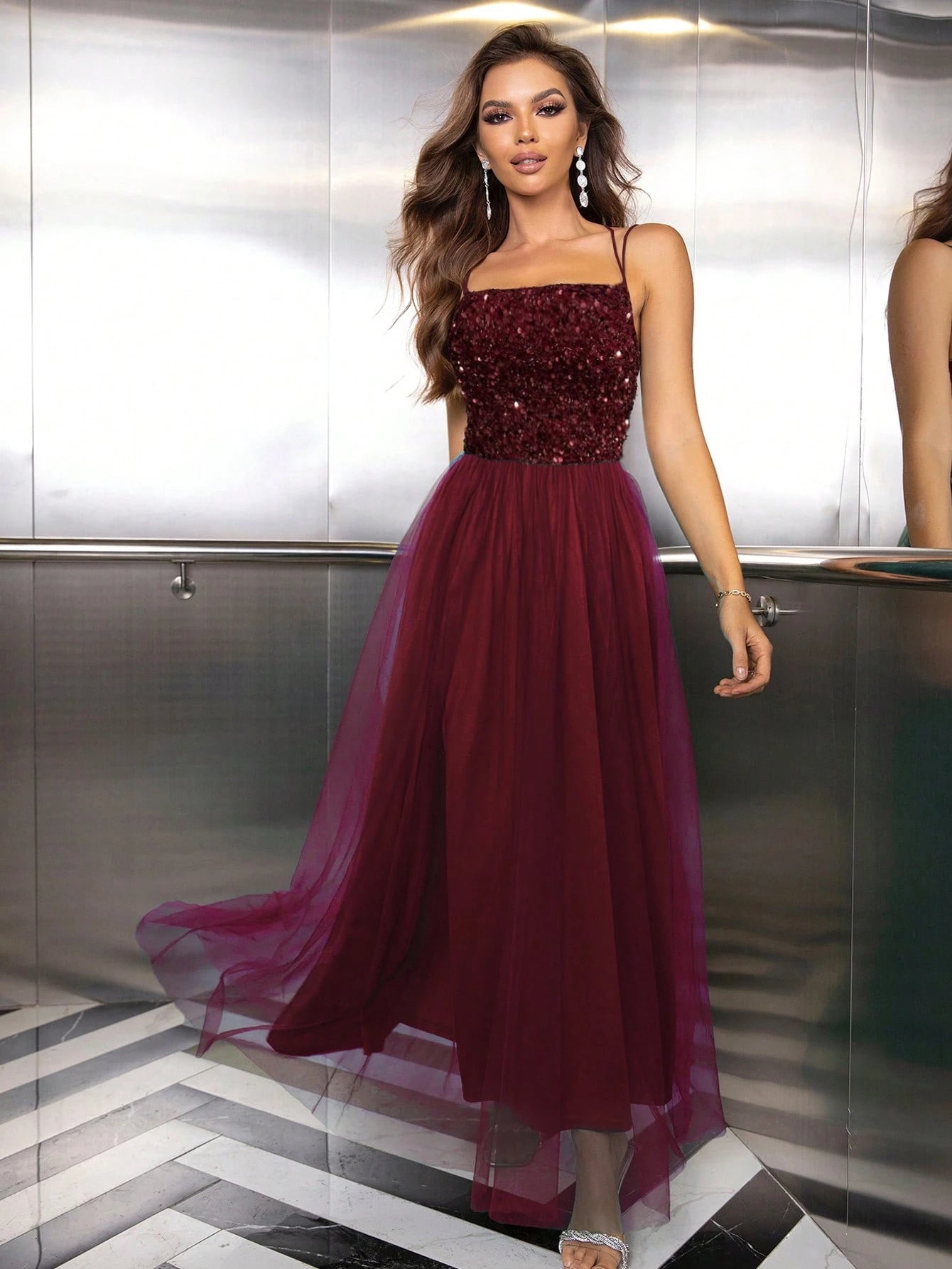 SHEIN Joyfunear Contrast Sequin Mesh Overlay Cami Party Dress Prom Dresses For Women