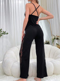 SHEIN Lace Patchwork Spaghetti Strap Long Pants Sexy Women's Pajama Set