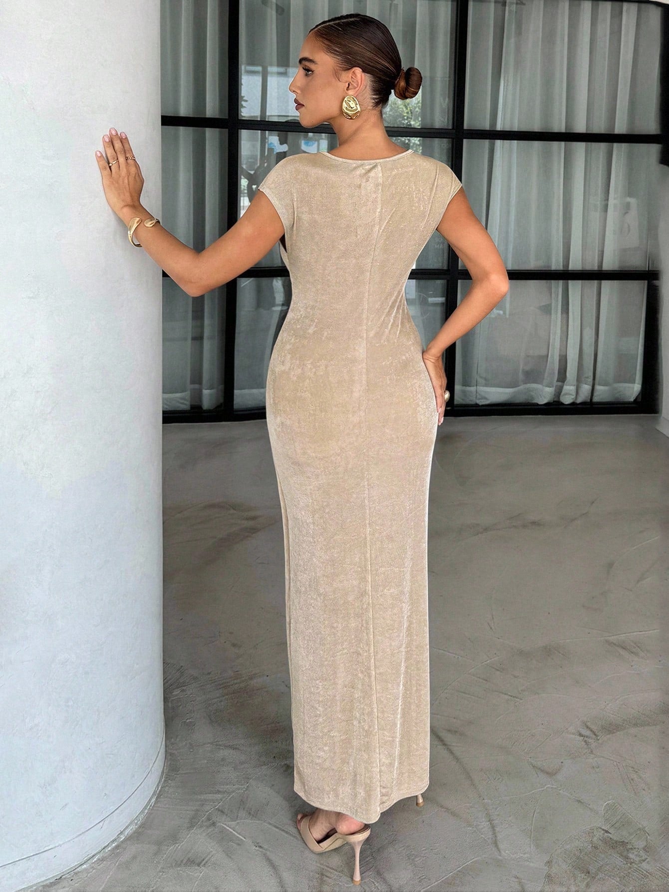  | SHEIN Lavishia Summer Apricot Shiny Ice Silk Round Neck Short Sleeve Stylish Metal Decor Fitted Dress | Dress | Shein | OneHub