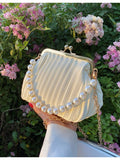 SHEIN Lightweight,Business Casual Argyle Princess Faux Pearl & Rhinestone Pearl Chain & Decor Mini Faux Pearl Decor Kiss Lock Satchel Bag For Party