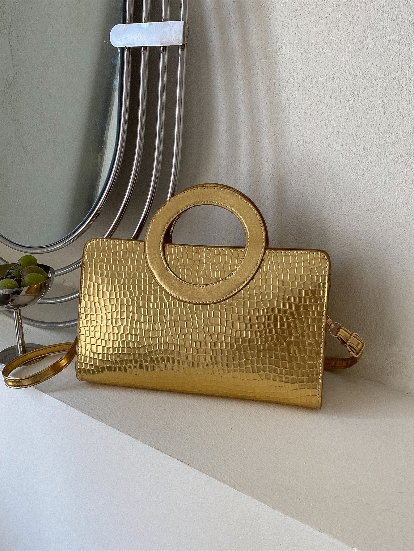  | SHEIN Lightweight,Business Casual Metallic Crocodile Embossed Top Ring Square Bag | Bags | Shein | OneHub