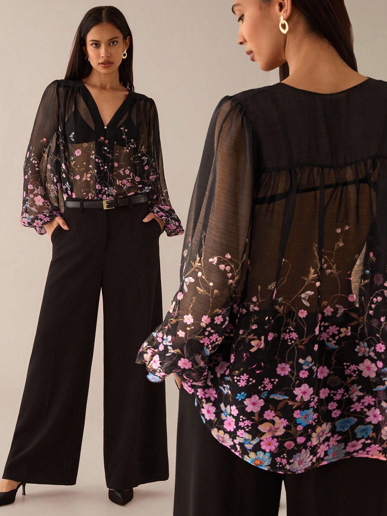 SHEIN Lilora Women Floral Print Pleated Mesh Lantern Sleeve Single-Breasted Sexy See-Through Blouse Black Sheer Top Floral Blouse Flower Blouses