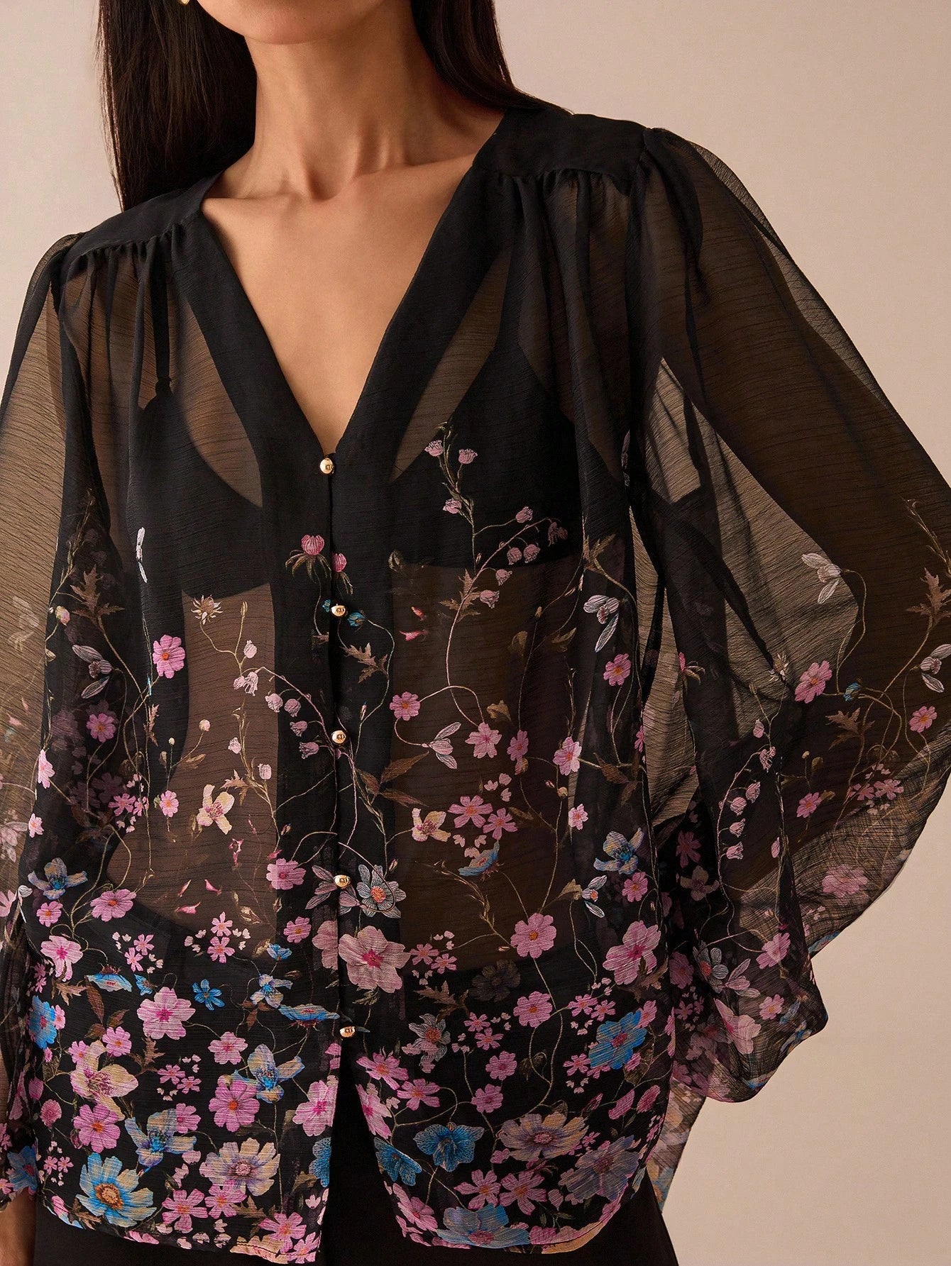 SHEIN Lilora Women Floral Print Pleated Mesh Lantern Sleeve Single-Breasted Sexy See-Through Blouse Black Sheer Top Floral Blouse Flower Blouses