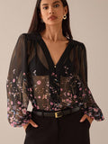 SHEIN Lilora Women Floral Print Pleated Mesh Lantern Sleeve Single-Breasted Sexy See-Through Blouse Black Sheer Top Floral Blouse Flower Blouses