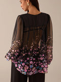 SHEIN Lilora Women Floral Print Pleated Mesh Lantern Sleeve Single-Breasted Sexy See-Through Blouse Black Sheer Top Floral Blouse Flower Blouses