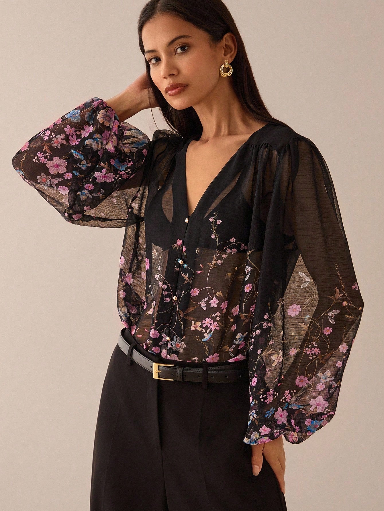 SHEIN Lilora Women Floral Print Pleated Mesh Lantern Sleeve Single-Breasted Sexy See-Through Blouse Black Sheer Top Floral Blouse Flower Blouses