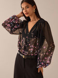 SHEIN Lilora Women Floral Print Pleated Mesh Lantern Sleeve Single-Breasted Sexy See-Through Blouse Black Sheer Top Floral Blouse Flower Blouses