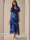 SHEIN Lilora Women's Floral Print V-Neck Elegant Short Sleeve Dress Blue Floral Maxi Dress Blue Maxi Dress Floral Dress