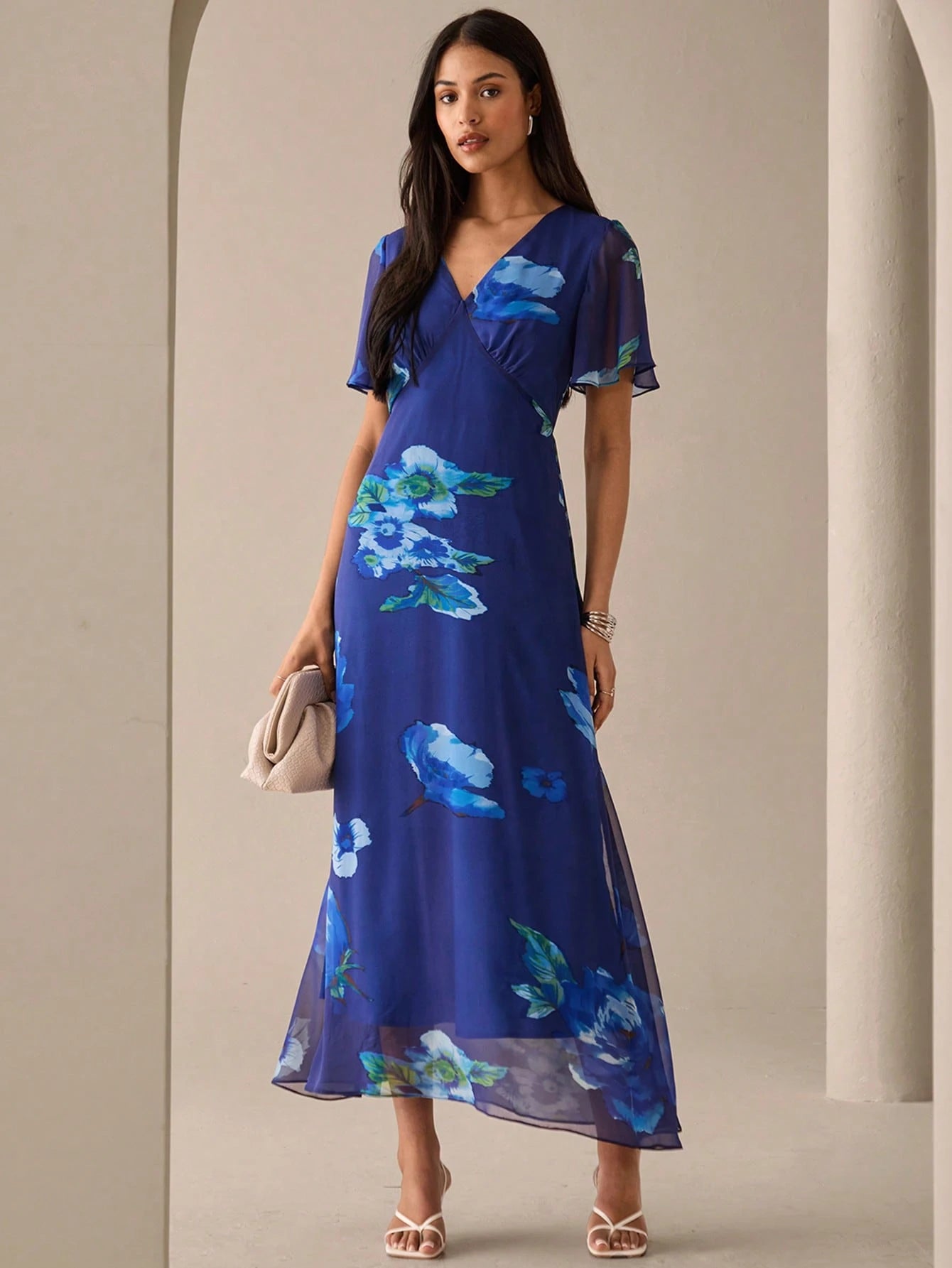 SHEIN Lilora Women's Floral Print V-Neck Elegant Short Sleeve Dress Blue Floral Maxi Dress Blue Maxi Dress Floral Dress