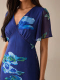 SHEIN Lilora Women's Floral Print V-Neck Elegant Short Sleeve Dress Blue Floral Maxi Dress Blue Maxi Dress Floral Dress