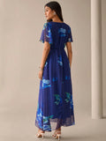 SHEIN Lilora Women's Floral Print V-Neck Elegant Short Sleeve Dress Blue Floral Maxi Dress Blue Maxi Dress Floral Dress