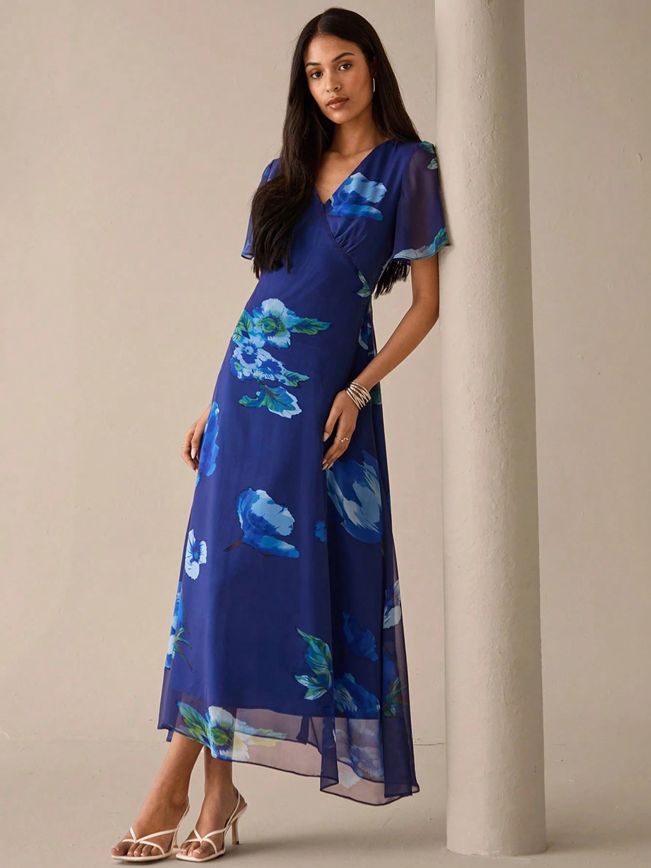 SHEIN Lilora Women's Floral Print V-Neck Elegant Short Sleeve Dress Blue Floral Maxi Dress Blue Maxi Dress Floral Dress