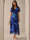 SHEIN Lilora Women's Floral Print V-Neck Elegant Short Sleeve Dress Blue Floral Maxi Dress Blue Maxi Dress Floral Dress