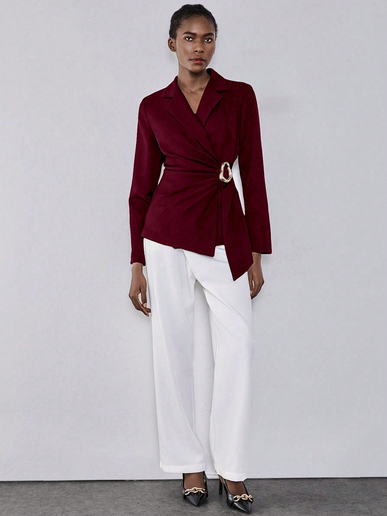  | SHEIN Lumivelle Women's Elegant Red Violet Woven Fabric Blazer: Long Sleeve, Lapel Neckline, And Asymmetrical Hem With Wrap Details Fall Cloth For Women | Blazer | Shein | OneHub