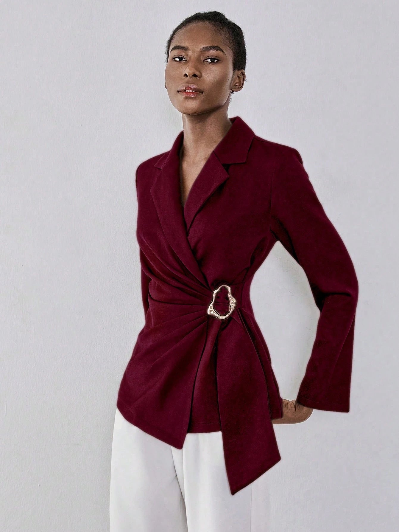  | SHEIN Lumivelle Women's Elegant Red Violet Woven Fabric Blazer: Long Sleeve, Lapel Neckline, And Asymmetrical Hem With Wrap Details Fall Cloth For Women | Blazer | Shein | OneHub