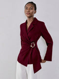  | SHEIN Lumivelle Women's Elegant Red Violet Woven Fabric Blazer: Long Sleeve, Lapel Neckline, And Asymmetrical Hem With Wrap Details Fall Cloth For Women | Blazer | Shein | OneHub