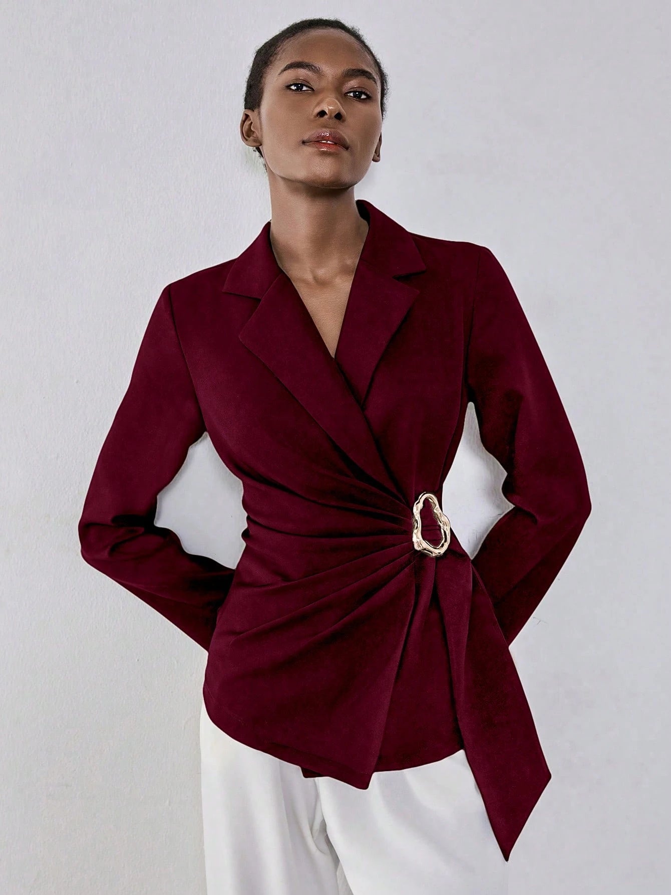  | SHEIN Lumivelle Women's Elegant Red Violet Woven Fabric Blazer: Long Sleeve, Lapel Neckline, And Asymmetrical Hem With Wrap Details Fall Cloth For Women | Blazer | Shein | OneHub