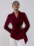  | SHEIN Lumivelle Women's Elegant Red Violet Woven Fabric Blazer: Long Sleeve, Lapel Neckline, And Asymmetrical Hem With Wrap Details Fall Cloth For Women | Blazer | Shein | OneHub
