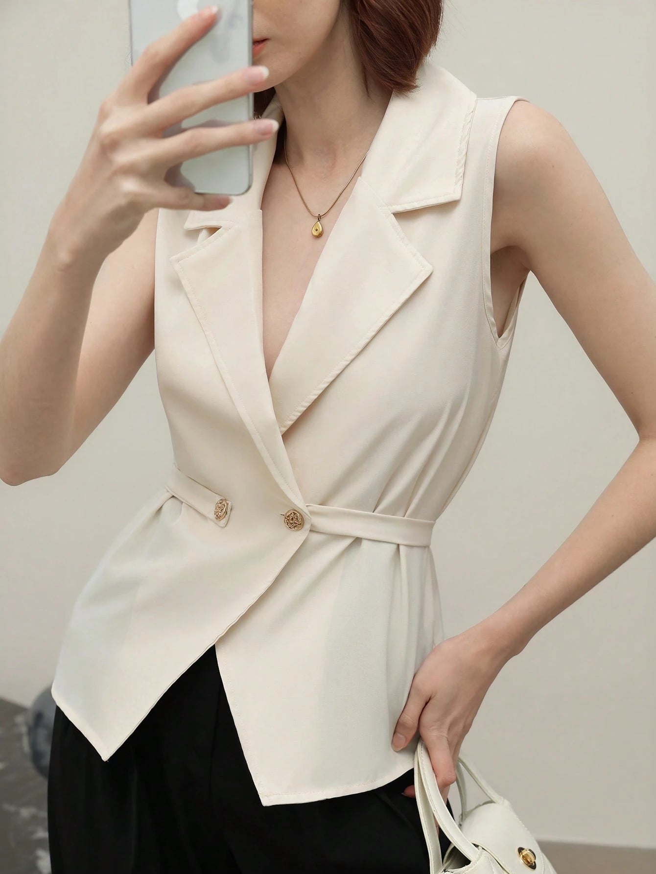  | SHEIN Lunelith SHEIN Lunessa Solid Color Pleated Metal Button Sleeveless Blouse For Women, Business/Office Attire | Top | Shein | OneHub