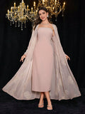 SHEIN Modelyn 2pcs Embroidered Sequin Solid Elegant Romantic Sheer Sleeve Dress Set