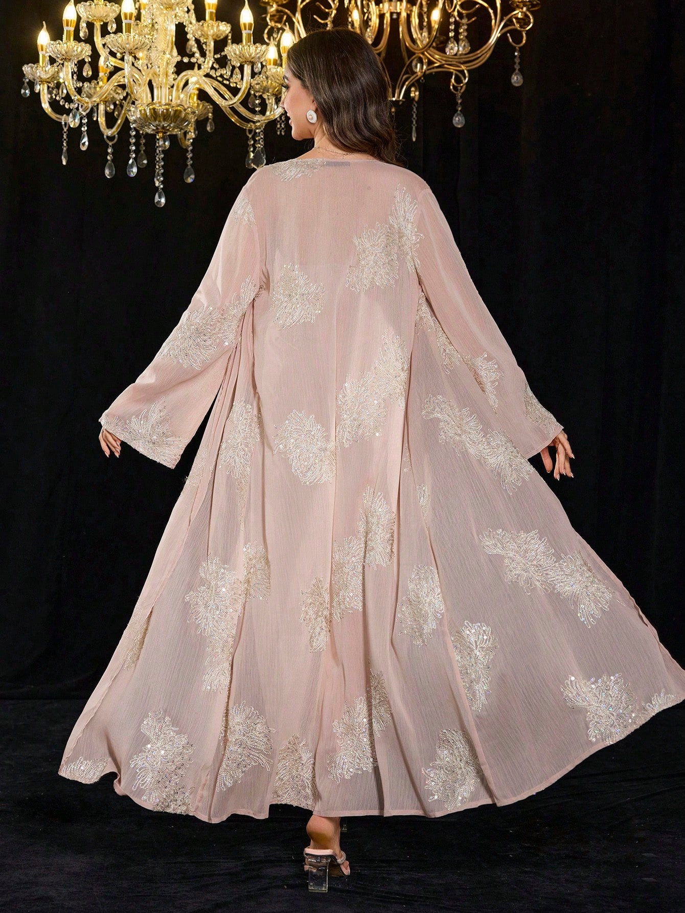 SHEIN Modelyn 2pcs Embroidered Sequin Solid Elegant Romantic Sheer Sleeve Dress Set