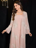 SHEIN Modelyn 2pcs Embroidered Sequin Solid Elegant Romantic Sheer Sleeve Dress Set