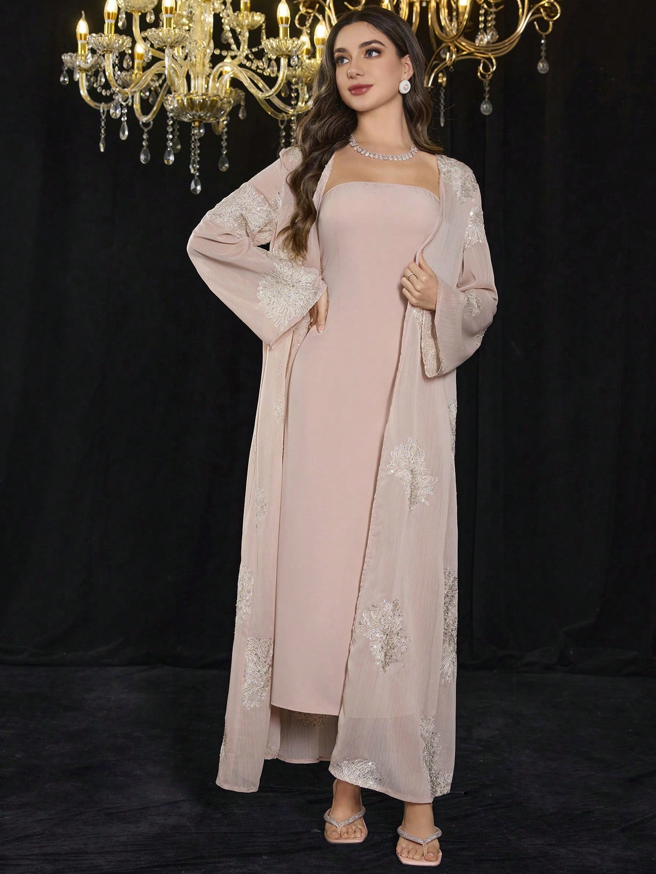 SHEIN Modelyn 2pcs Embroidered Sequin Solid Elegant Romantic Sheer Sleeve Dress Set