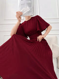 SHEIN Modelyn Burgundy Red Women's Elegant Solid Color Short Sleeve Waisted Pleated Dress For Summer