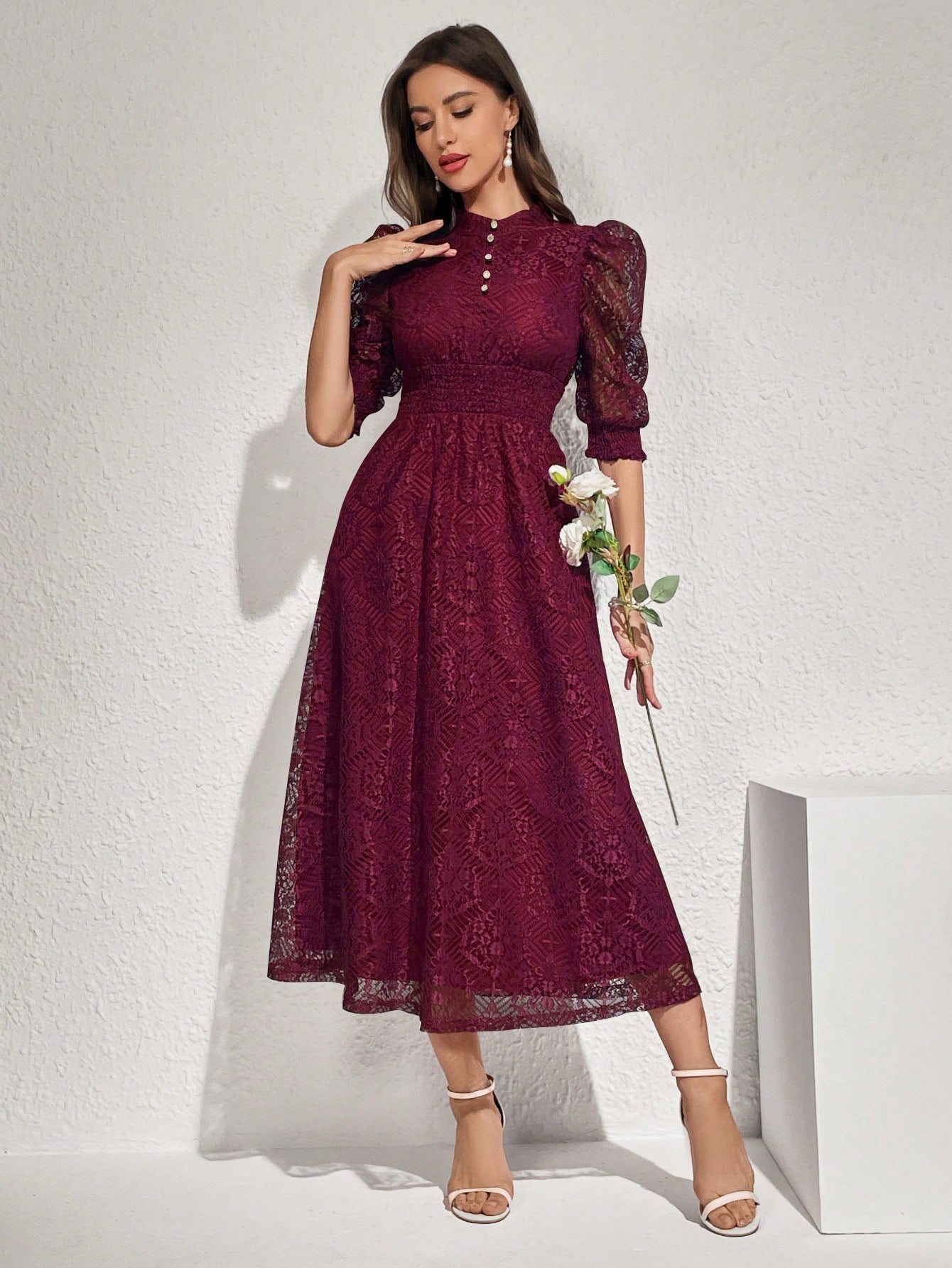  | SHEIN Modelyn Lace Panel Buttoned Detailing Waist Cinched Vintage Dress, Elegant Evening Party Dress | Dress | Shein | OneHub