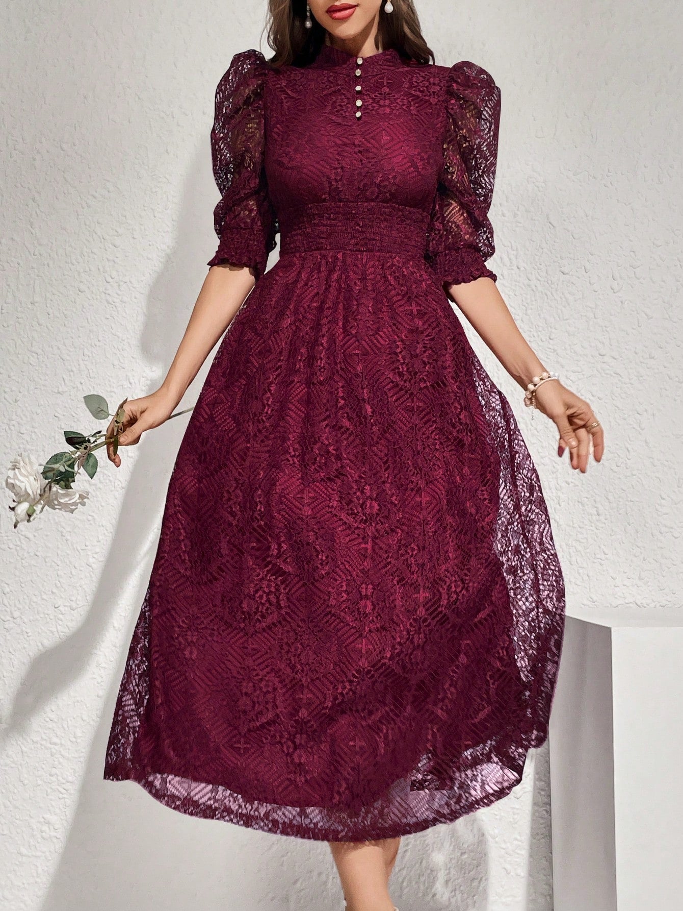  | SHEIN Modelyn Lace Panel Buttoned Detailing Waist Cinched Vintage Dress, Elegant Evening Party Dress | Dress | Shein | OneHub