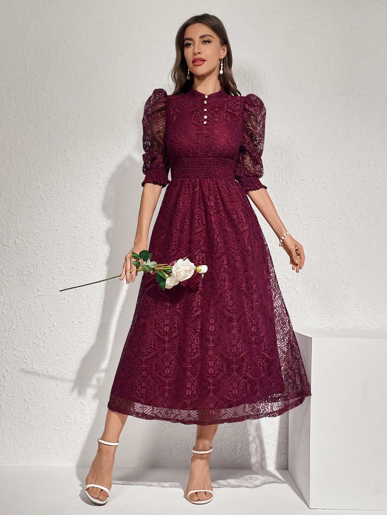  | SHEIN Modelyn Lace Panel Buttoned Detailing Waist Cinched Vintage Dress, Elegant Evening Party Dress | Dress | Shein | OneHub