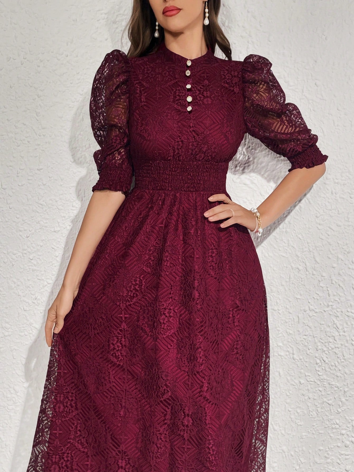  | SHEIN Modelyn Lace Panel Buttoned Detailing Waist Cinched Vintage Dress, Elegant Evening Party Dress | Dress | Shein | OneHub