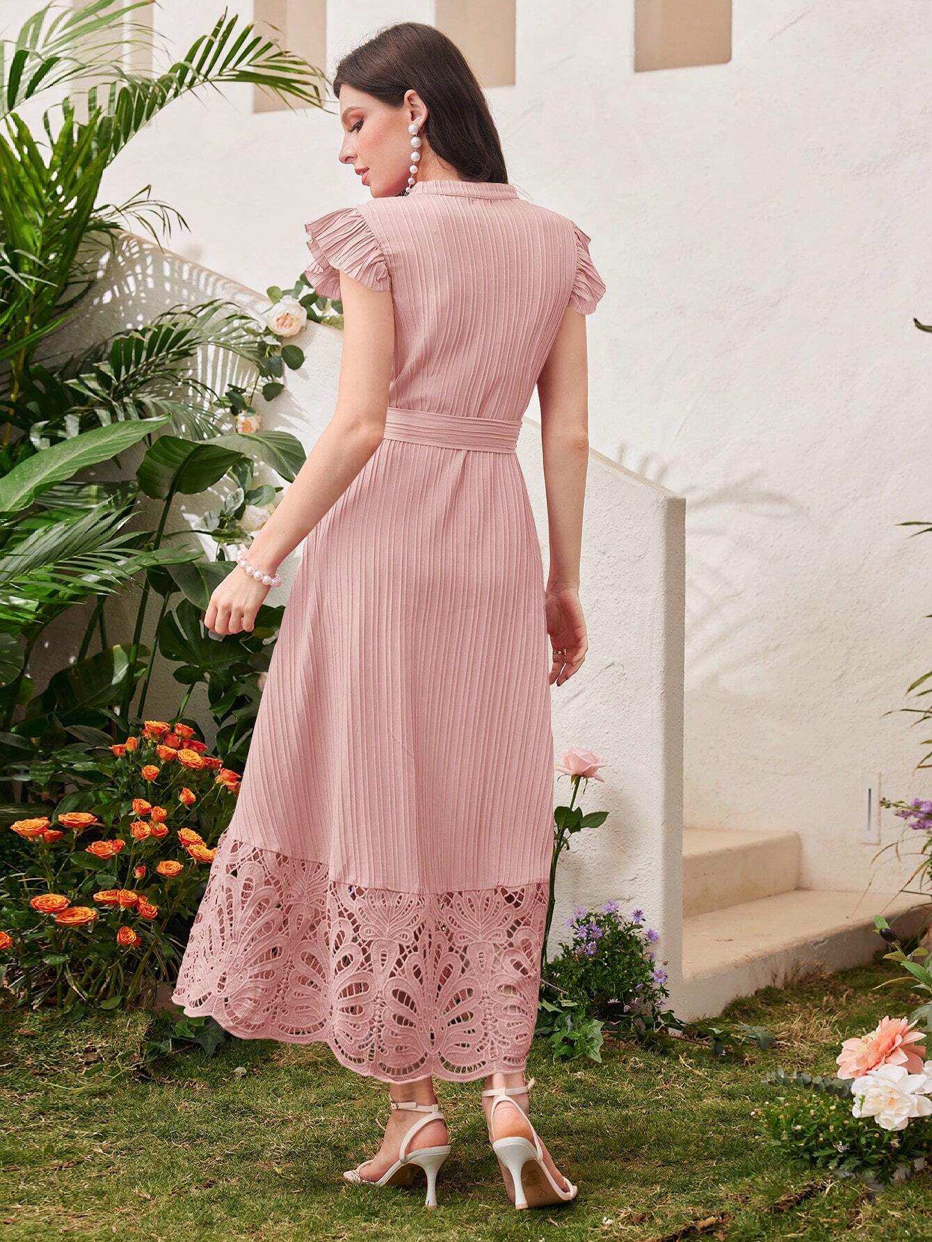  | SHEIN Modelyn Ladies' Stand Collar Solid Color Belted Lace Splicing Elegant Summer Dress Maxi Women Outfit Long Evening Dresses | Dress | Shein | OneHub