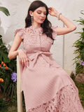  | SHEIN Modelyn Ladies' Stand Collar Solid Color Belted Lace Splicing Elegant Summer Dress Maxi Women Outfit Long Evening Dresses | Dress | Shein | OneHub