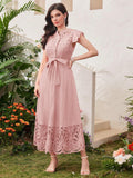  | SHEIN Modelyn Ladies' Stand Collar Solid Color Belted Lace Splicing Elegant Summer Dress Maxi Women Outfit Long Evening Dresses | Dress | Shein | OneHub