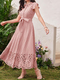  | SHEIN Modelyn Ladies' Stand Collar Solid Color Belted Lace Splicing Elegant Summer Dress Maxi Women Outfit Long Evening Dresses | Dress | Shein | OneHub