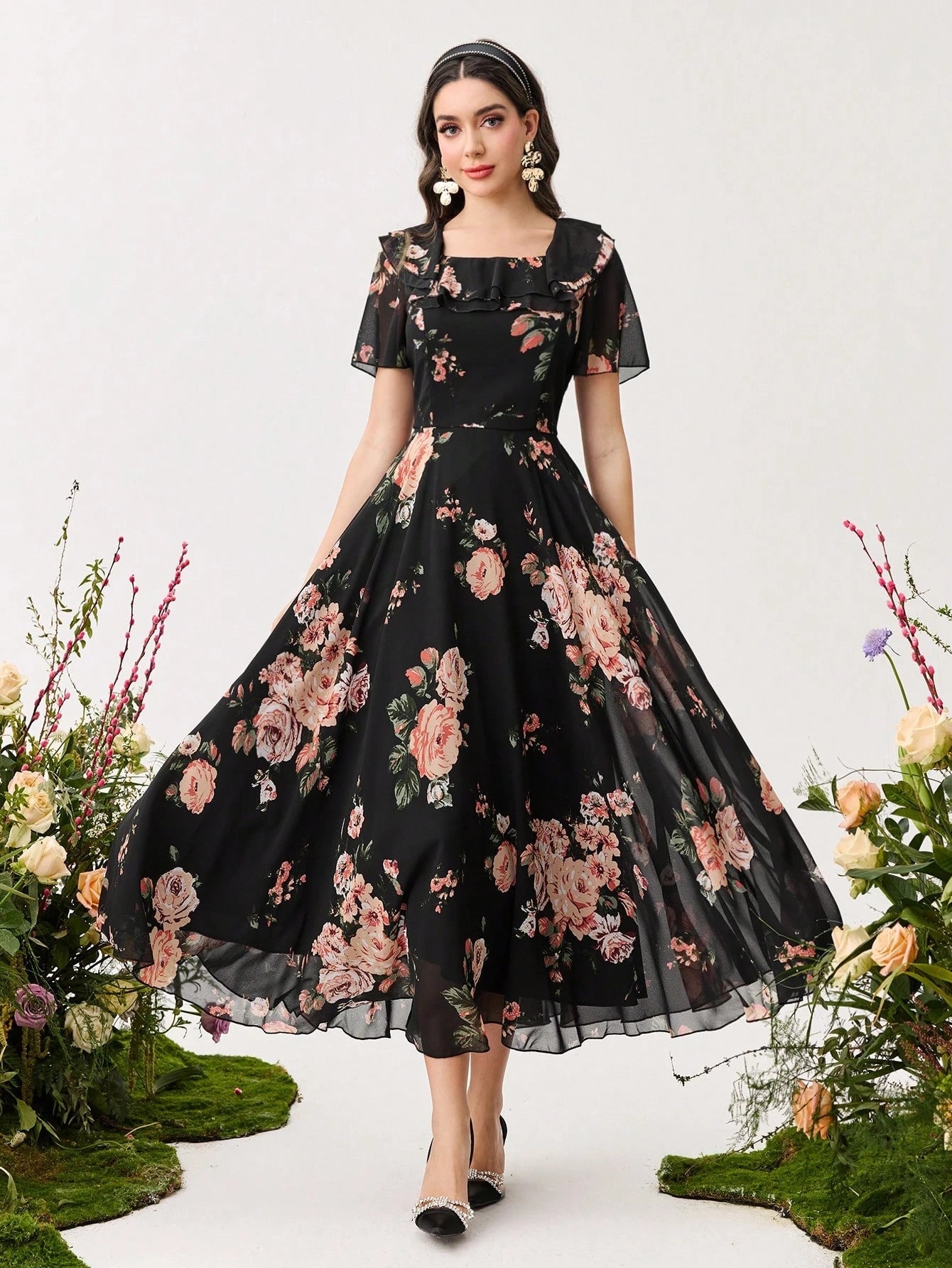 SHEIN Modelyn Ruffle Hem Floral Print Fitted Chiffon Dress