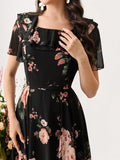 SHEIN Modelyn Ruffle Hem Floral Print Fitted Chiffon Dress