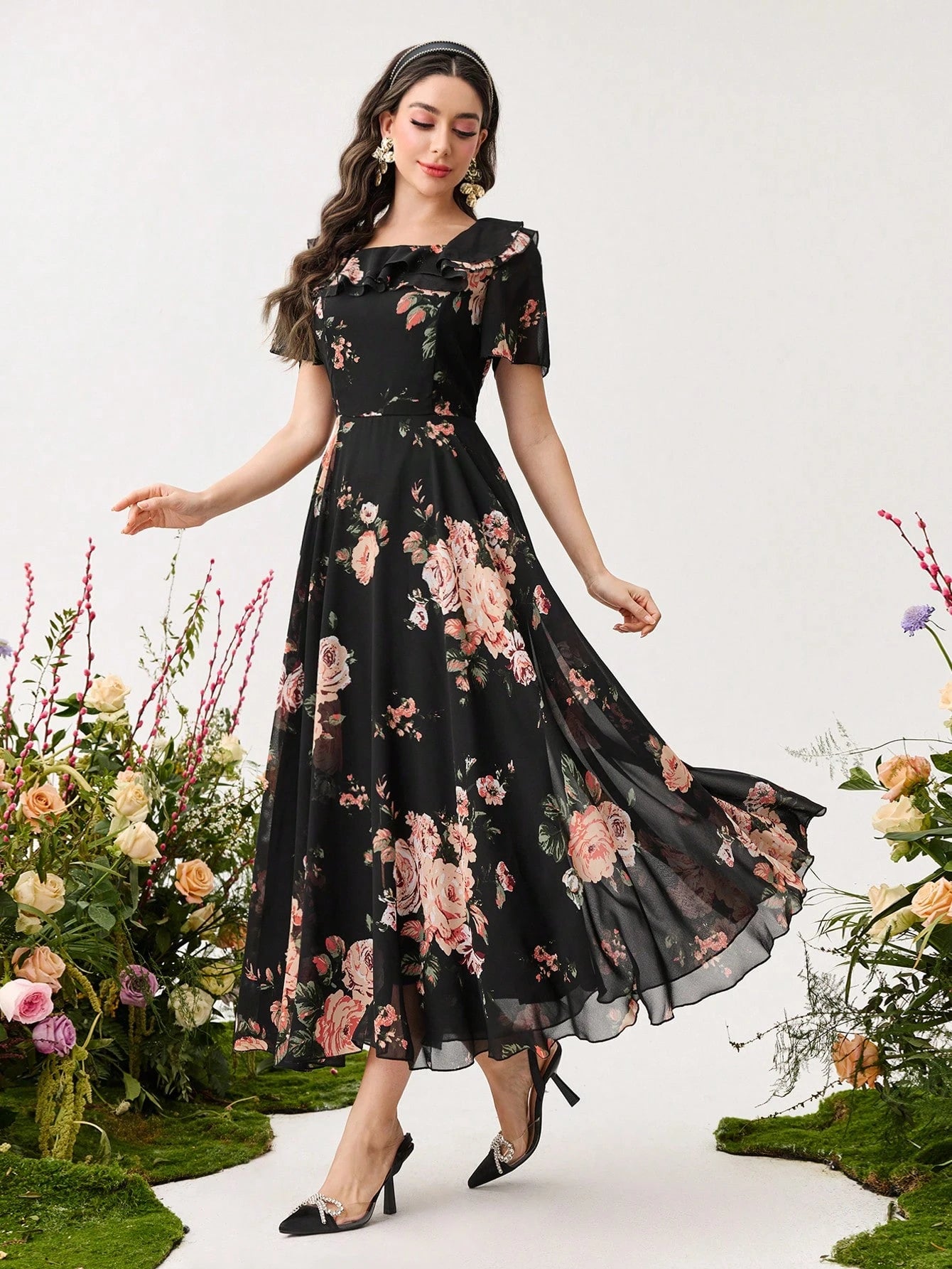SHEIN Modelyn Ruffle Hem Floral Print Fitted Chiffon Dress