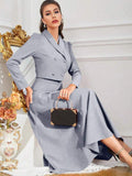 SHEIN Modelyn Solid Color Shawl Collar Double Breasted Blouse And Skirt Suit 2 Pieces Set