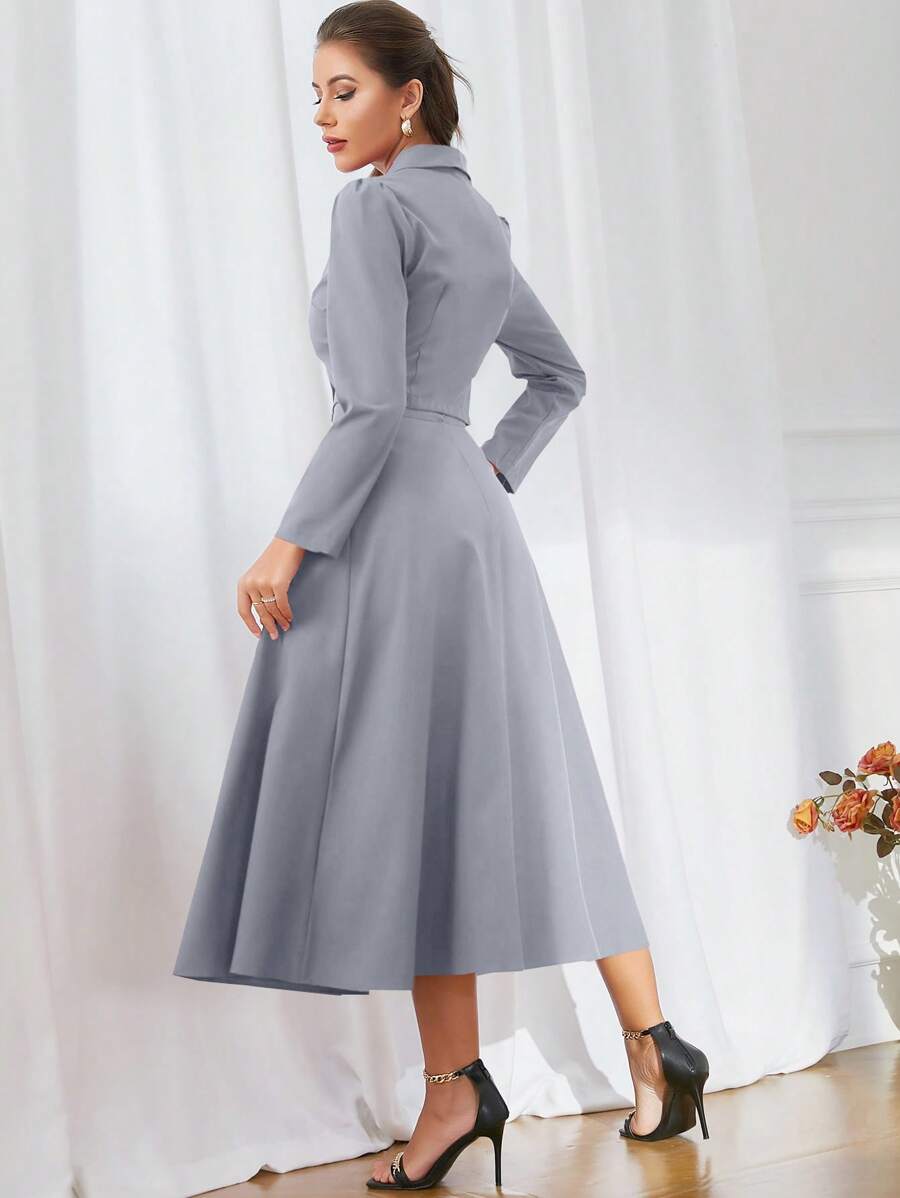 SHEIN Modelyn Solid Color Shawl Collar Double Breasted Blouse And Skirt Suit 2 Pieces Set